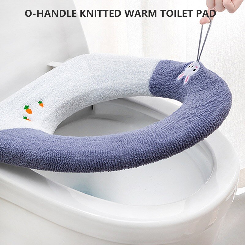 Cartoon Winter Warm Toilet Seat Cover Mat 1Pcs Washable Bathroom Accessories Knitting Pure Color Soft O-shape Pad Toilet Seat