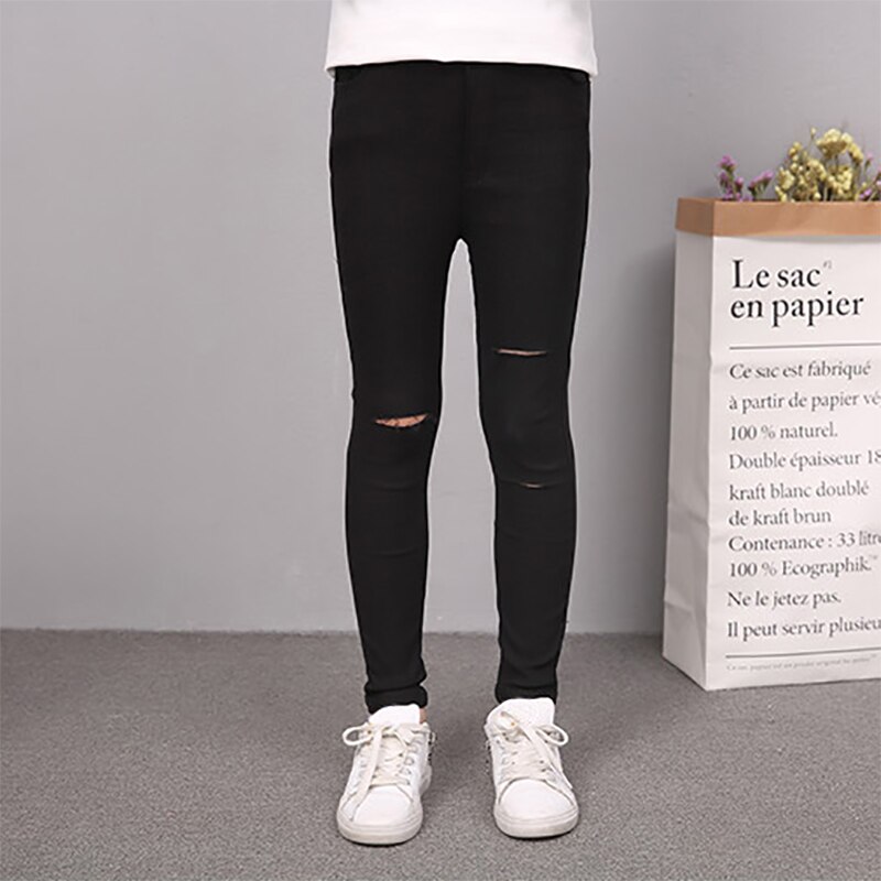 Elastic Girls Leggings Cotton Ripped Pencil Pants For Teenage Girl Slim Kids Trausers Children School Pants 10 12 years: Black / 10