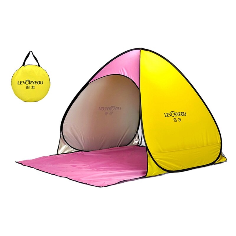 LEVORYEOU Beach Tent Up Automatic Open Tent Family Ultralight Folding Tent Tourist Fish Camping Anti-UV Fully Sun Shade: Yellow Pink