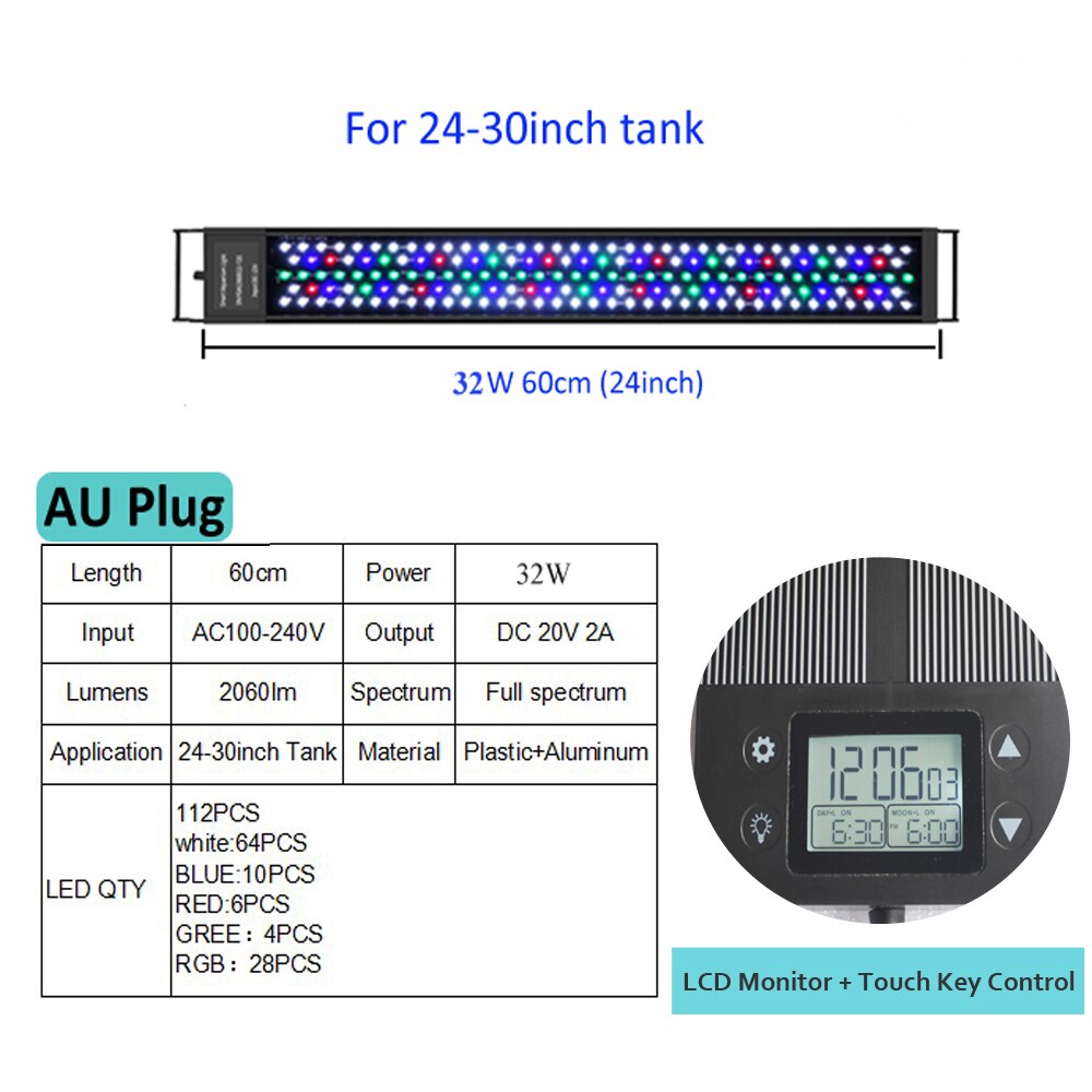 12inch-18-24inch Waterdichte Programma 8 Kleuren Auto On Off Volledige Spectrum Led Aquarium Lichtpunt Voor Zoetwater Geplant Tank: 24W 18inch C138 AU