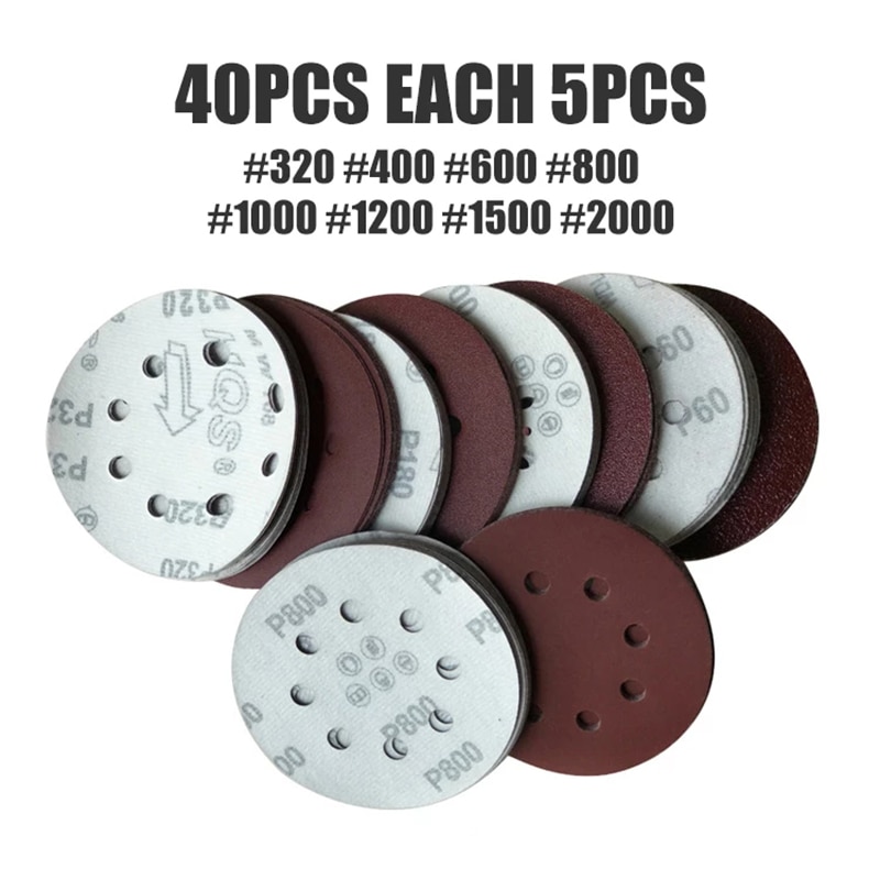 40 kpl 125mm 8 -reikäinen hiomakiekko hiomapaperi kiillotuspaperi hiekkapaperilevy 320/400/600/800/1000/1200/1500/2000