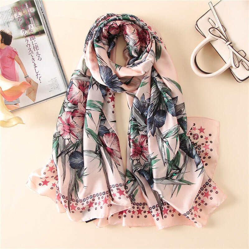 Stil kvinnor strand vacker blomma fin sjal siden dam höst och vinter populärt tryck scarves hijab: 01
