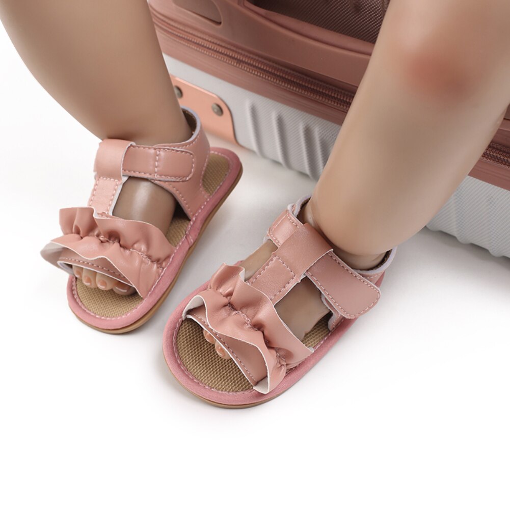 Sandali estivi bambini muli neonati ragazzi ragazze Prewalker neonati PU bordo arricciato suola morbida presepe primi camminatori scarpe piatte con: P / 0-6 mesi