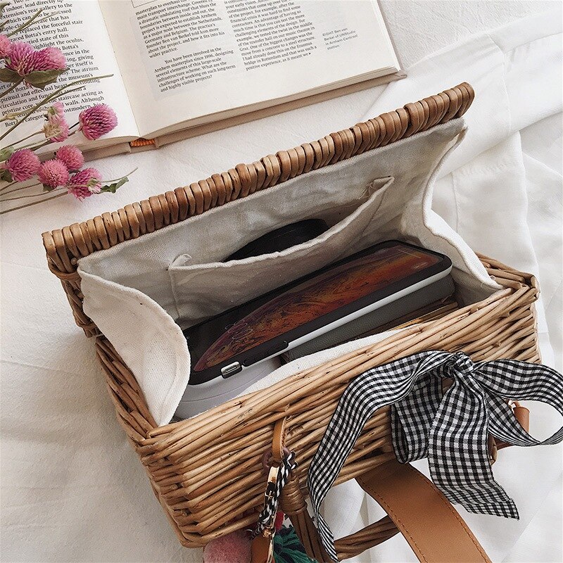 Women's Bag Boog Geweven Kwastje Handtas Bamboe Serie Jeugd Schoudertas Diagonaal Kruis Tas Temperament Handtas Doos Vorm