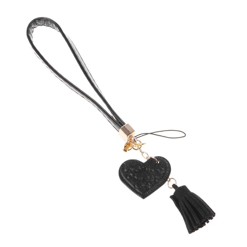 Love-cordón de muñeca con borlas y corazón para teléfono móvil, pulsera con cordón para iPhone 7, 8X6, Samsung, Xiaomi, cámara, USB, unidades Flash, llaveros: Black