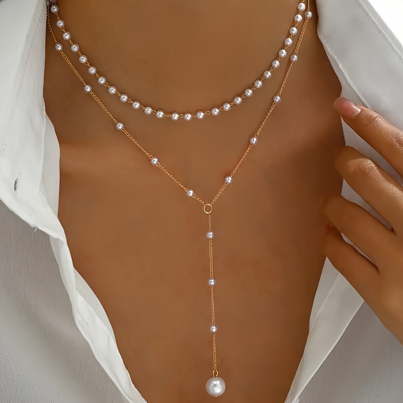 Koreaanse Imitatie Parel Dubbel Gelaagde Choker Mode Grote Bal Kraal Hanger Kwastje Ketting Vrouwen Sexy Front Borst Lichaam Sieraden