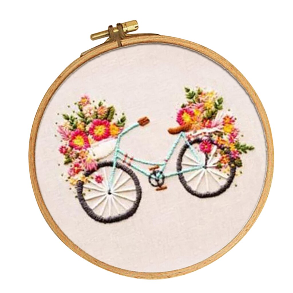 Stemplet broderikit med mønster, fortrykt klud og ramme 15cm diy håndarbejde - blomst & cykel