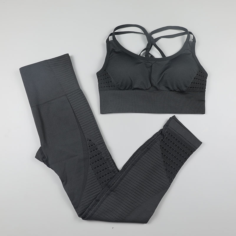 Sømløs yogasæt kvinder fitness tøj sportstøj kvinde gym leggings polstret push-up strappy sports-bh 2 stk sportsdragter: Grå / L