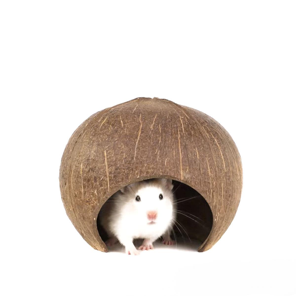 Natürliches Kokosnusshäus für Hamster, bissfest, natürlicher Kokosnusskäfig für kleine Haustiere, halbrunder Kokosnusshamster-Versteck aus Holz