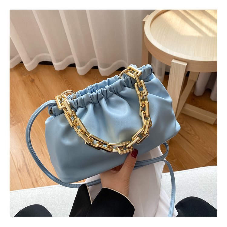 Mode Dikke Gouden Kettingen Knoedel Clip Purse Bag Vrouwen Cloud Onderarm Schoudertas Geplooide Baguette Pouch Totes Handtas: Blauw