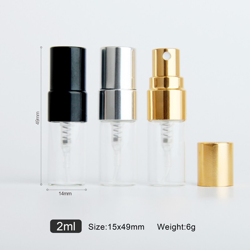 100 stykker/parti 2ml mini genopfyldelig parfumeflaske til prøvesprøjteflaske metalforstøver bærbar rejsebeholder til kosmetik