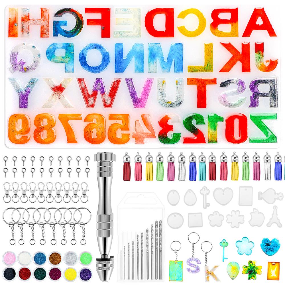 204Pcs/Set DIY Keychains Craft Making Resin Casting Molds Letter Shape Silicone Mold Resin Jewelry Mold Keychains with Tassels
