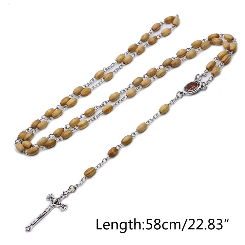 Handgemaakte Ronde Bead Katholieke Rozenkrans Kruis Religieuze Hout Kralen Ketting U2JC