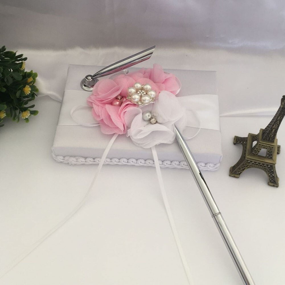 Vit satin blomma bröllop gästbok signering penna set med söta band pärlor  km88