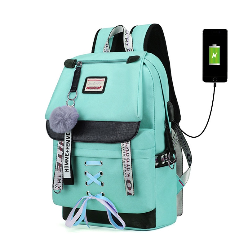 Grand vert sacs à dos femmes école sac à dos pour adolescentes USB sac d'école toile moyen Junior collège étudiant sac à dos