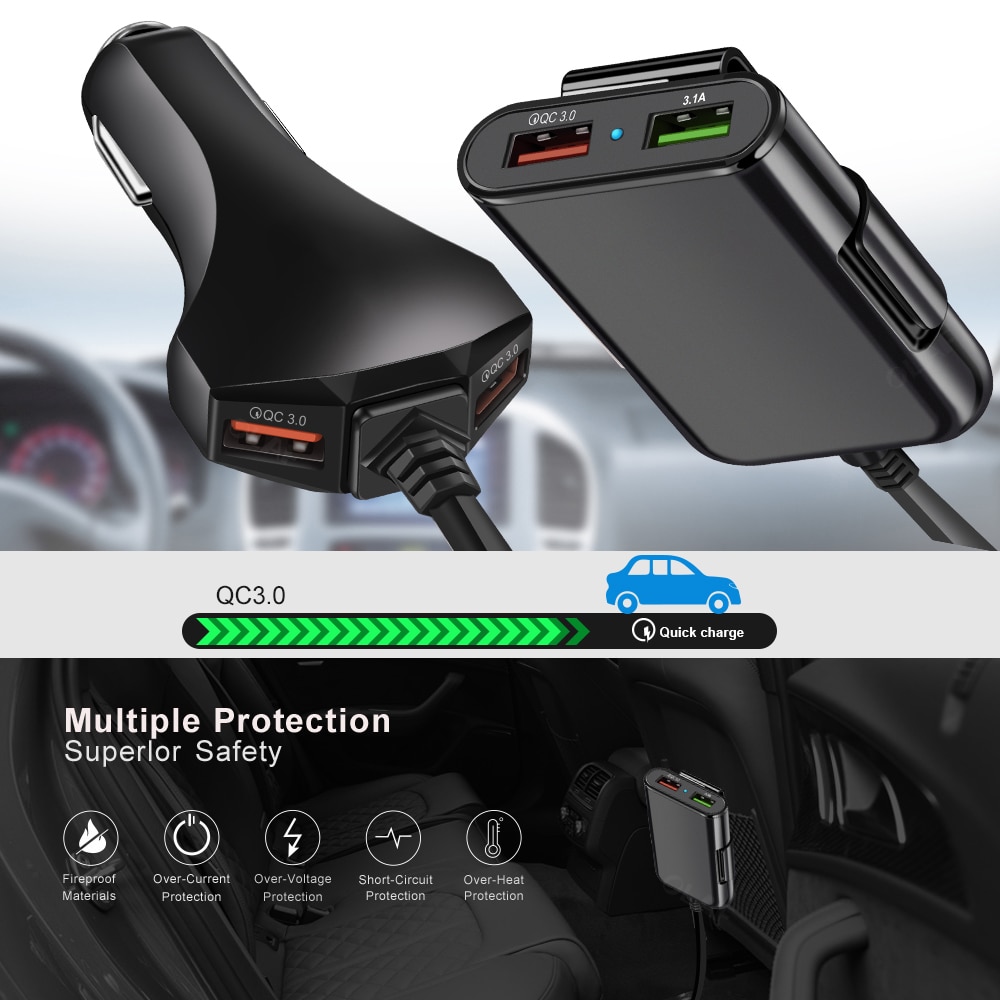 60W 4 Port QC 3.0 Car Charger Quick Charge 3.0 Phone Car Fast Front Back Charger Adapter Car Portable Charger Plug for iPhone