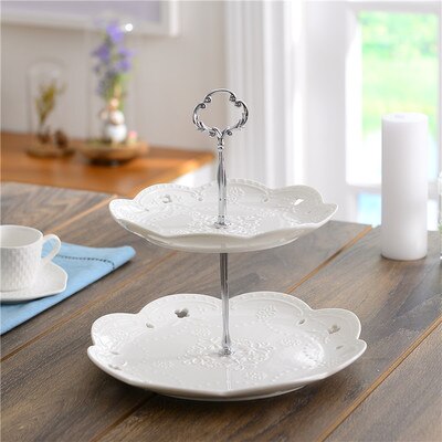 Ronde witte reliëf keramische fruitschaal europese drielaagse snackschaal taartschaal woonkamer snoepschaal plank: 20-25.5cm b2