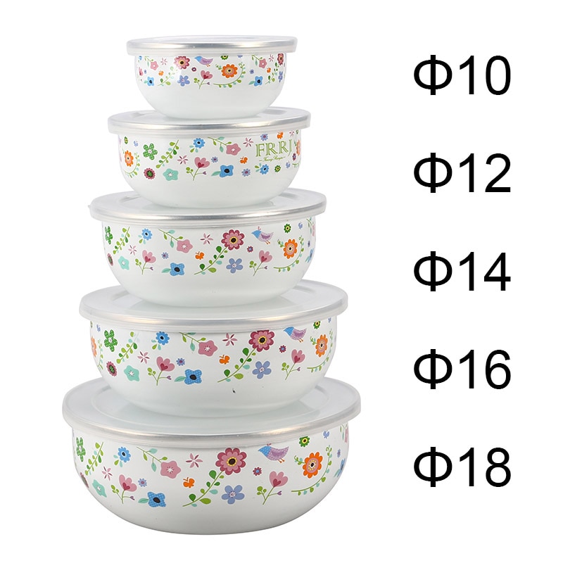 Bol para el hielo con esmalte de flores, recipiente fresco, 5 Juegos de almacenamiento de alimentos, caja de color sellado, caja de con estampado de conejos, 10-18cm