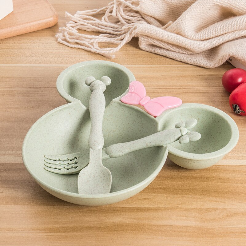 3 stk/sett baby tegneserie servise fat hvete bolle anti småroll barn middag mating mat tallerken barn trening bolle skje gaffel: Grønt sett
