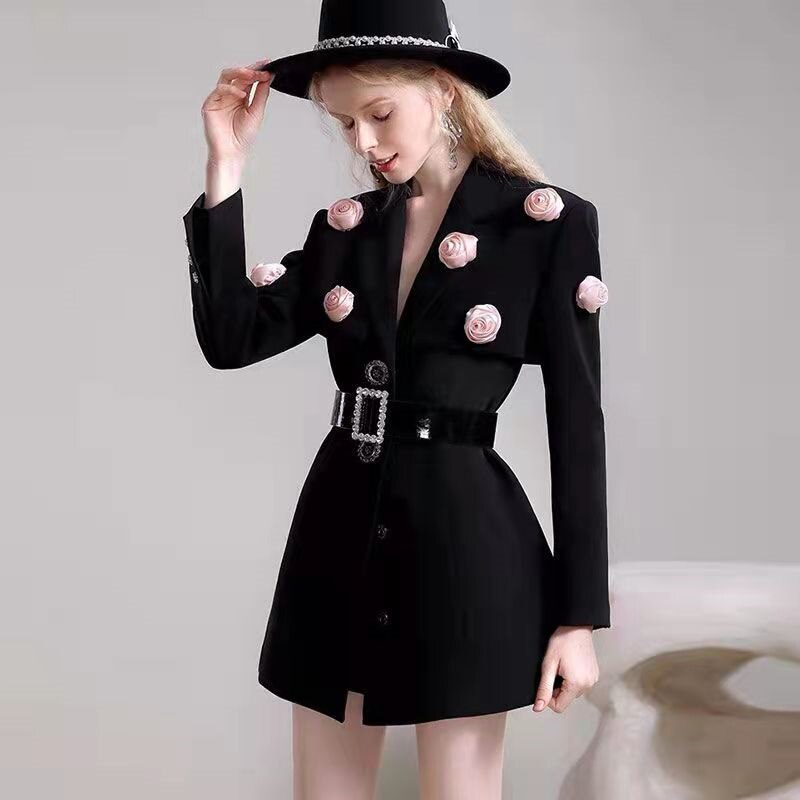 Traje de flores bordadas para mujer, prendas de vestir de , con cuello en V, de cintura alta, de un solo pecho, abrigos de oficina, color negro