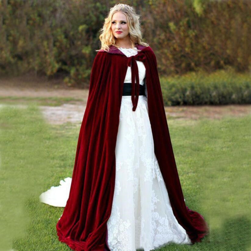 Cape de mariée en velours bordeaux, Long manteau d&#39;hiver Vintage garde au , accessoires de mariage