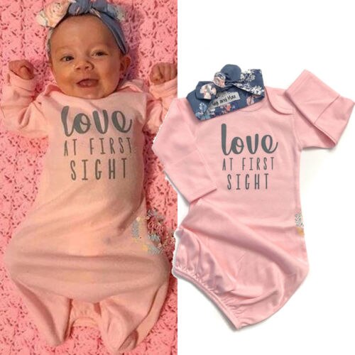 Baby Baby Meisjes Jassen Liefde op het Eerste Gezicht Print Nachtkleding Nightgowns Mitten Manchetten Sleeper Jurken met Hoofdband