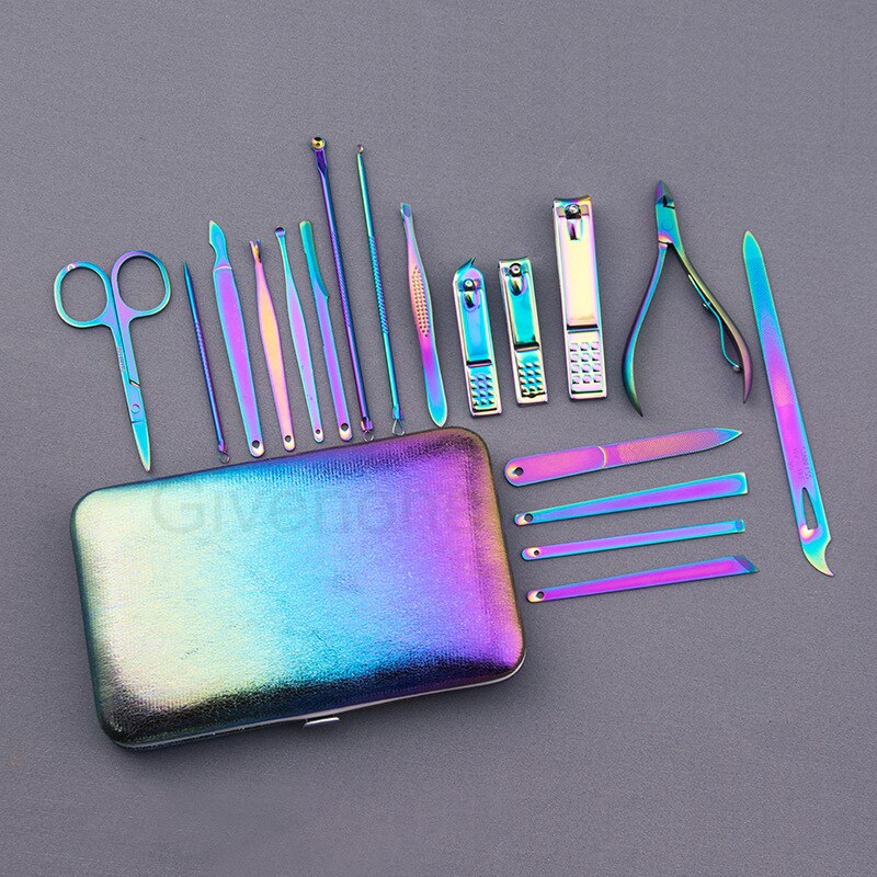 Rainbow Nail Clipper Set Pro Stainless Steel Manicure Kits Household Nail Scissors Tweezers Ear Spoon Beauty Nail Manicure Tools