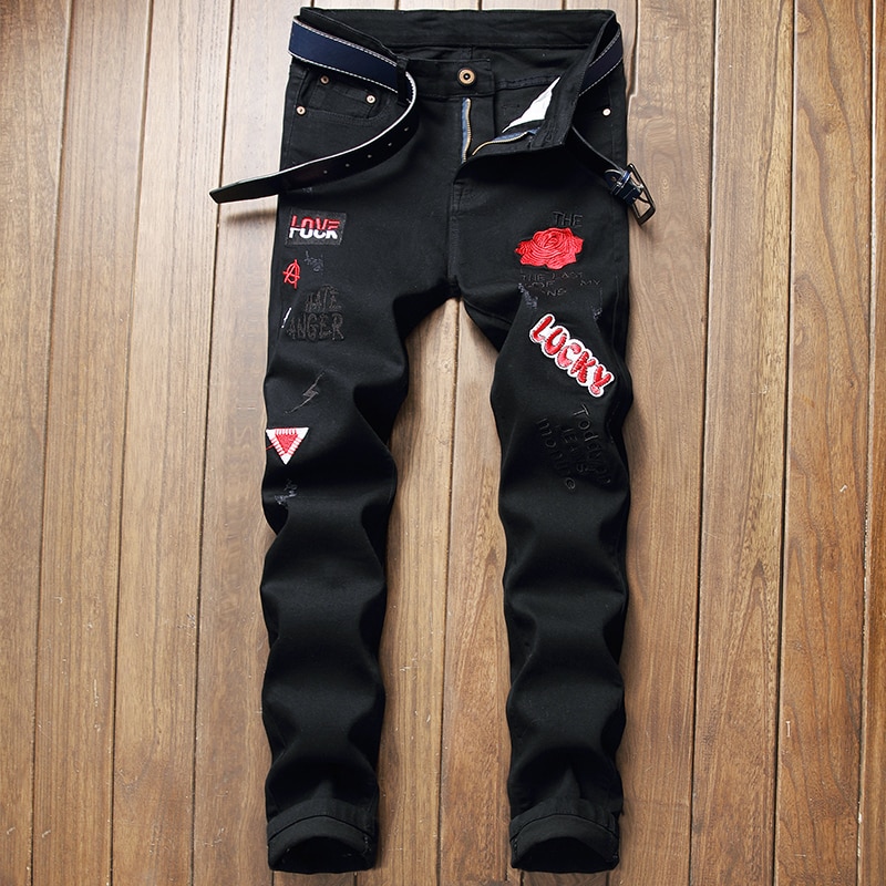 Pantalones vaqueros bordados para hombre, jeans elásticos, negros, dibujos animados, letras, bordados, nuevas tendencias,