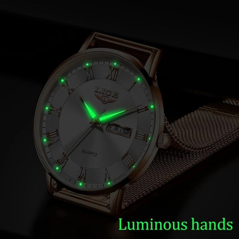 LIGE, reloj de lujo a la para mujer, resistente al agua, correa de malla de acero y oro rosa, relojes de pulsera para mujer, relojes de pulsera, reloj femenino