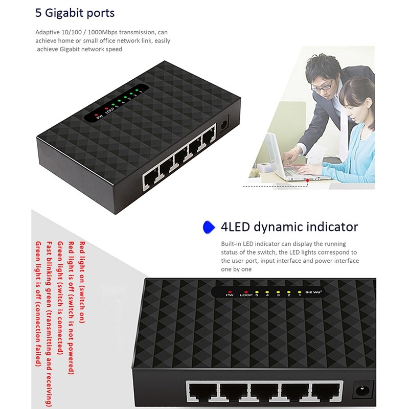 5- porttinen gigabit-kytkin verkko ethernet-kytkin älykäs vlan-verkkokytkin lan-keskitin full-tai half duplex vaihto
