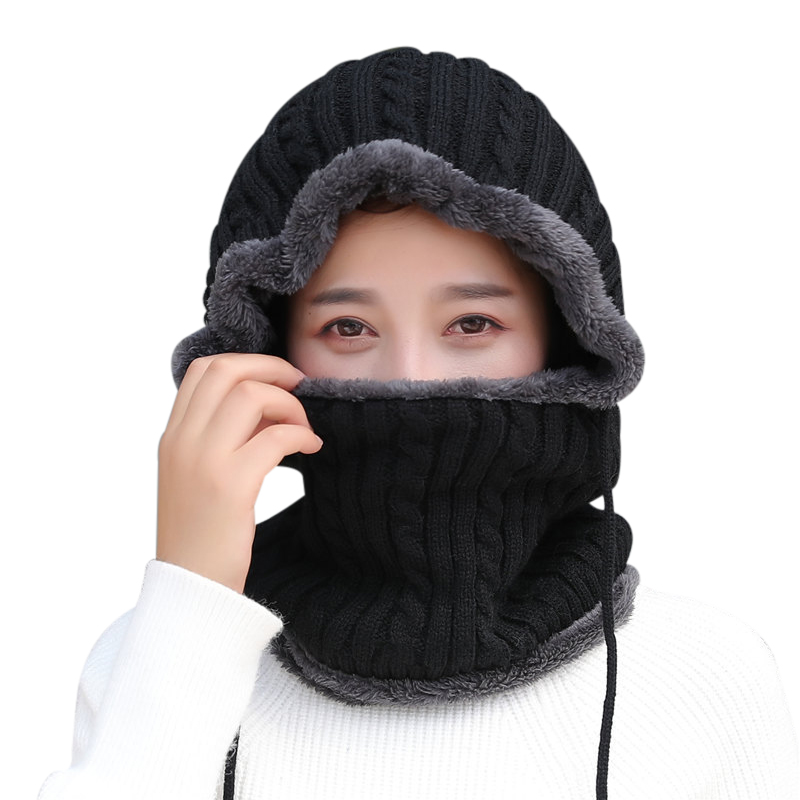 Unisex Winter Knitted Hat Neck Protection Beanie Cap Add Fur Lined Warm Hats For Men Women Balaclava Cap Windproof warm hat