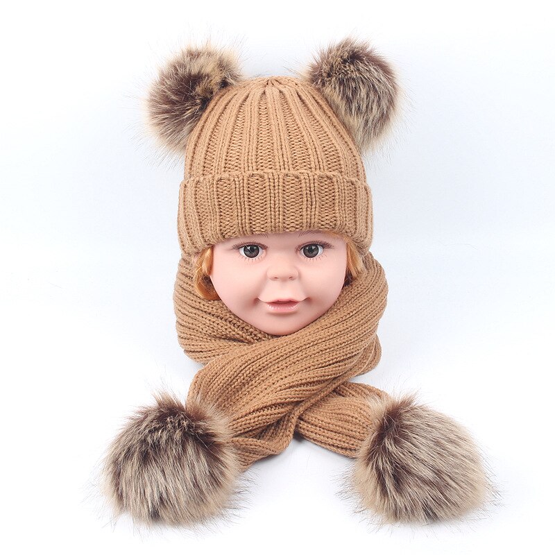 Conjunto de bufanda y gorro para niños y niñas, doble pompón de piel sintética, cálido, tejido, largo, Invierno