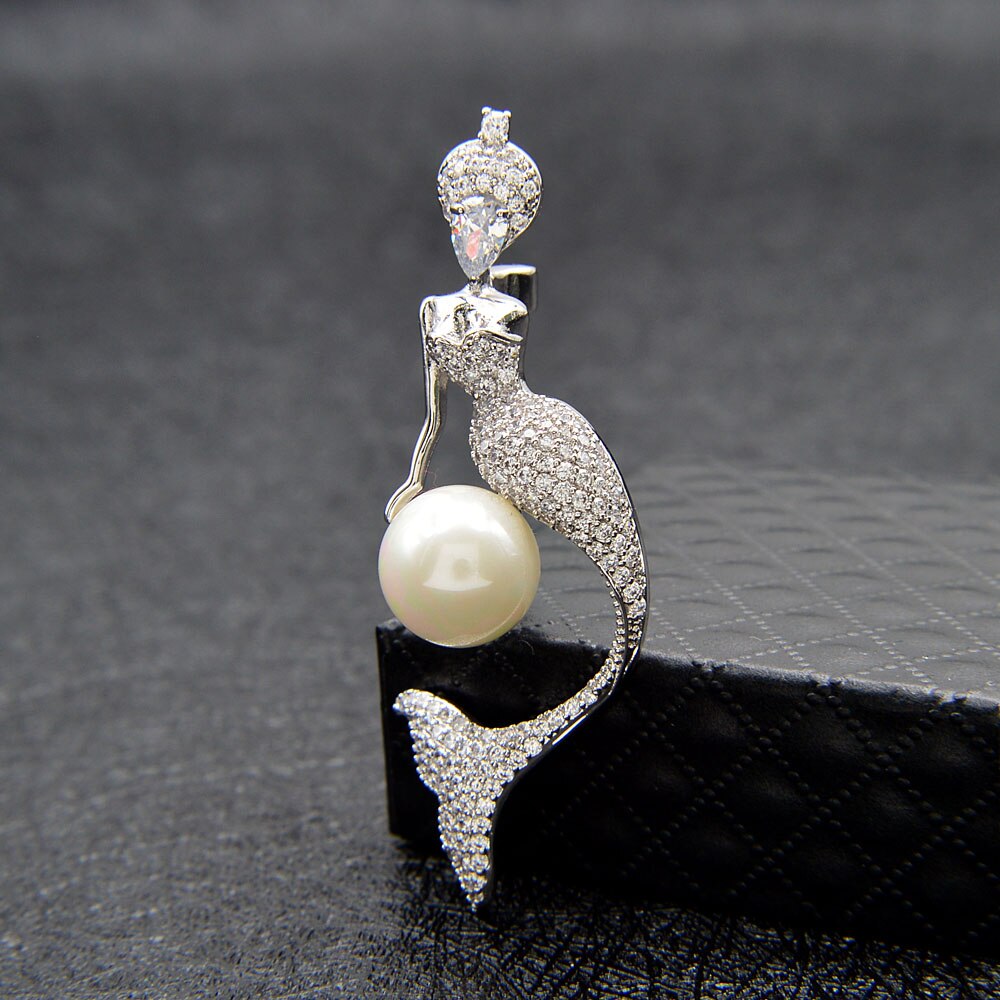 CINDY XIANG Cubic Zirconia Mermaid Brooches For Women Pearl Brooch Pin Copper Jewelry 3 Colors Choose: silverwhite