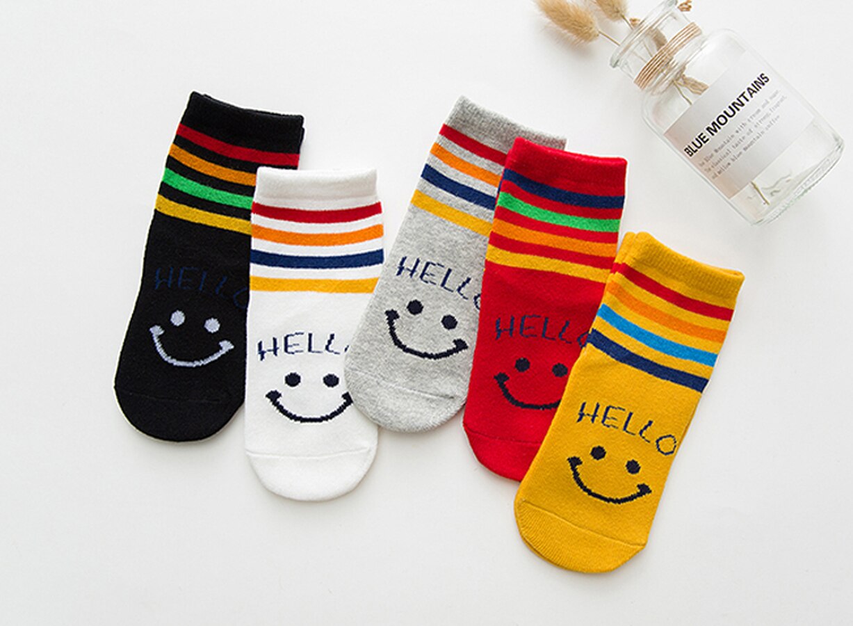 Calcetines a rayas con letras para niños, medias de rayas de algodón suave sin costuras antideslizantes para niño niña, 5 par/lote