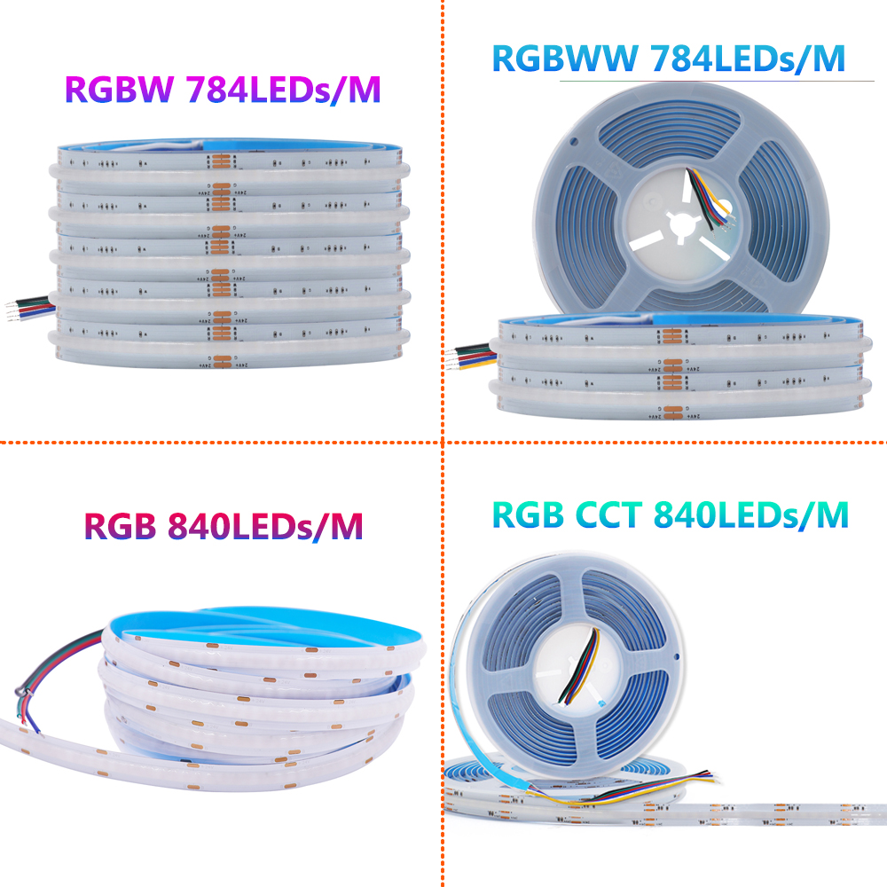 RGBCCT RGBW RGBWW RGB COB tira de luz LED 24V 840 784LEDs/m cinta Flexible de alta densidad luces lineales COB regulables 1M 2M 3M 4M 5M
