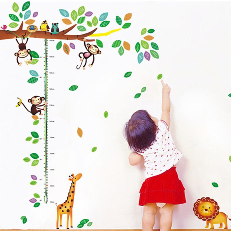 Cartoon Dieren Leeuw Aap Uil Giraffe Hoogte Meet Muursticker For Kids Kamers Groei Grafiek Nursery Room Decor Wall Art
