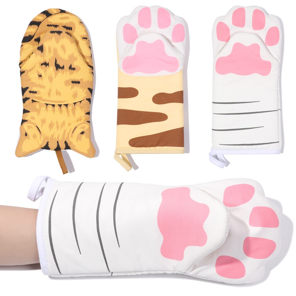 3D Cartoon Animal Cat Paws Oven Mitts Long Cotton Baking Insulation Gloves Microwave Heat Resistant Non-Slip Home Kitchen Gloves