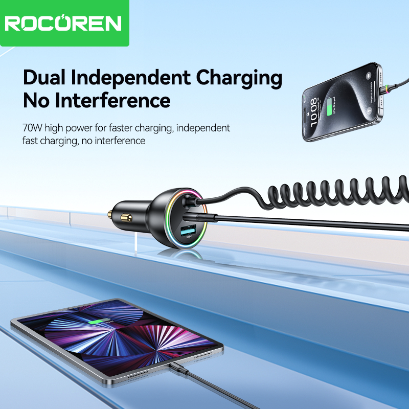 Rocoren 70w usb c carregador de carro com cabo de carregamento de mola tipo c adaptador de carregador rápido de carro para iphone 16 15 xiaomi