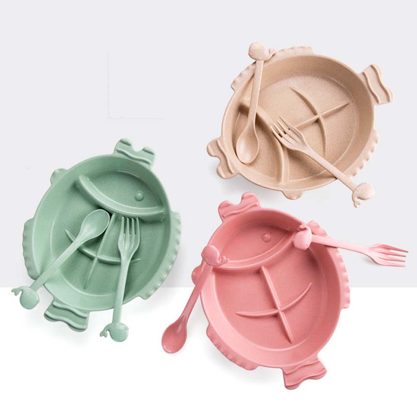3Pcs Baby Feeding Dishes Set Bowl Plate Forks Spoon Kids Dinnerware Wheat Fiber Children's Tableware BPA free Eco Friendly