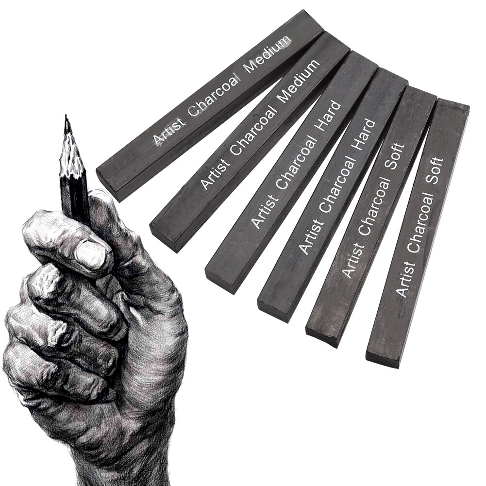 12Pcs Compressed Charcoal Sticks Black Square Soft/Medium/Hard Graphite Drawing Pencil Art Suppl