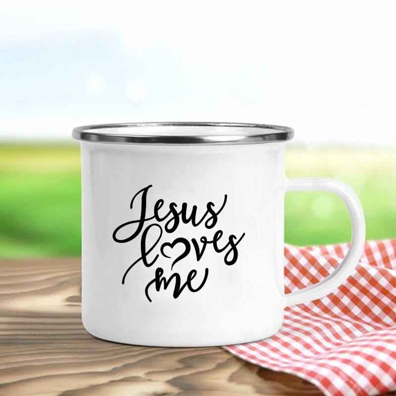 Jésus est dieu imprimer tasses en émail chrétien tasses à café boisson Dessert petit déjeuner lait tasse Vintage tasse poignée Drinkware: Clair