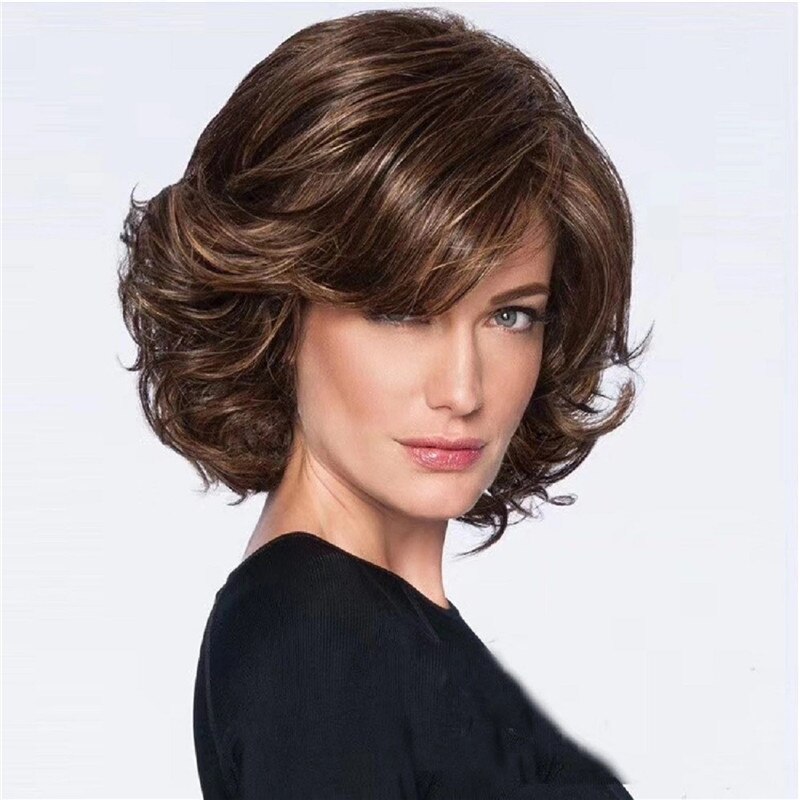 Ladies Short Brown Wavy Wig With Side Part Bangs Syhthetic Wig Nature Looking Daily Party Use For Women