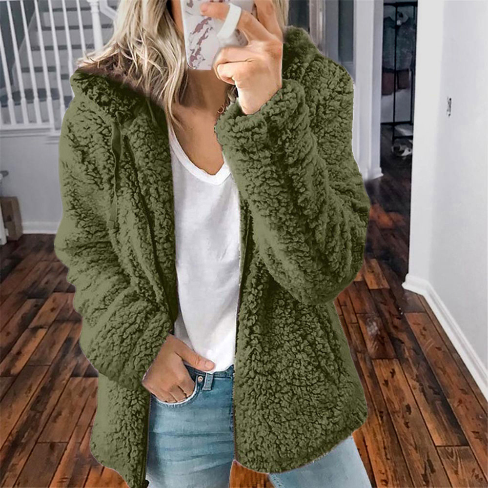 Abrigo de lana con capucha y cremallera para mujer, chaquetas de lana lisa, abrigos sueltos de manga larga de Cachemira, chaqueta de para mujer, invierno,: S / Verde militar