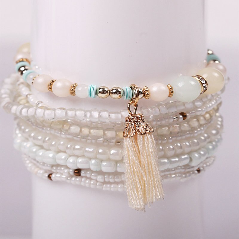 Boho Multilayer Beads Wrap Friendship Bracelets For Women Bead Tassel Charm Bracelet Femme Christams Jewelry Pulseras Mujer: Beige White