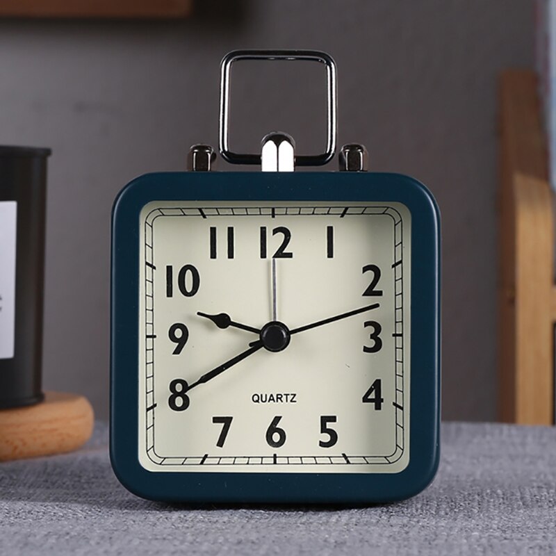 alarm clock retro silent hands clock metal simple alarm clock with light bedside home decor: Deep blue