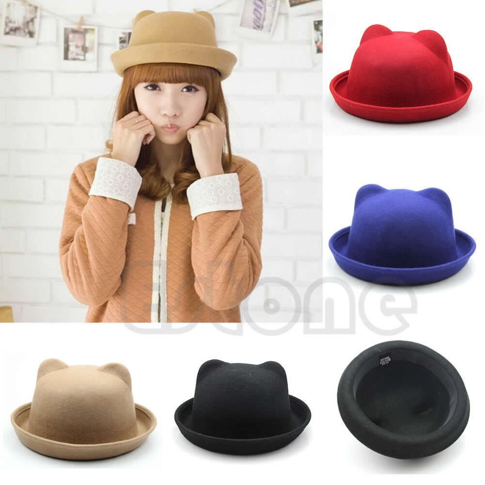 Unisex Women ParentChild Ear Cap Derby Cat Wool Fedora Bowler Hats