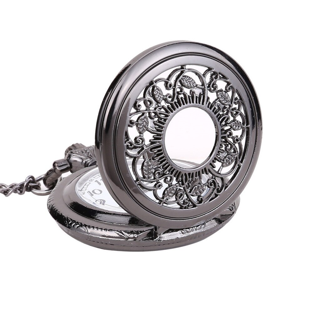 Gladde zwarte/zilveren kast quartz zakhorloge, volledig jachtdoos dames heren fob horloge klok relogio de bolso  #4 m 14