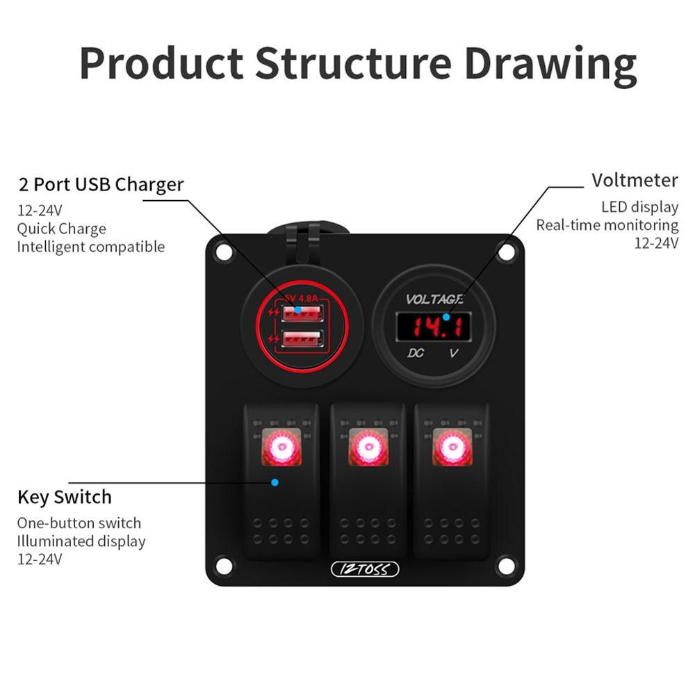 3 Gang Aluminium Rocker Switch Panel 12V Met Digitale Voltmeter En 4.8A Dual Usb Lader Waterdicht Voor Boot Marine auto Rv