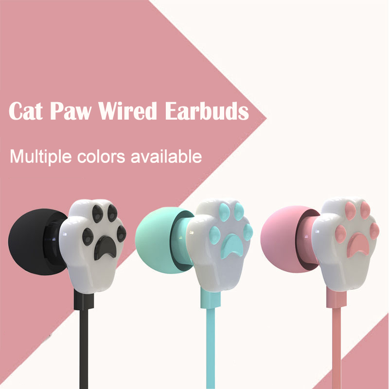 Cat Paw Earbuds Stereo 3.5mm In-Ear Headphones with Mic Earpiece Sports Wired Headset for Smartphone MP3 iPad PC Music