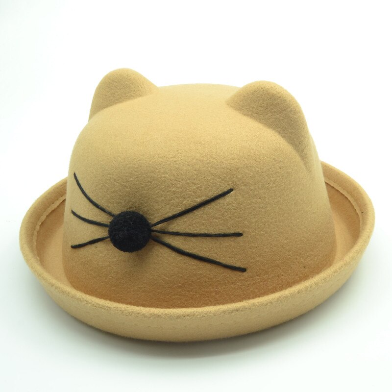 child bowler hat wool felt Fedora hats for Women Girls Children solid Cat Ear formal cap trilby Sombrero Derby 6 colors: Ivory
